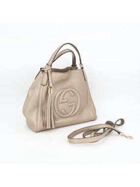 Gucci Soho Mini Shoulder Bag Gray Calf Leather Tassel Charm Interlocking 2-Way